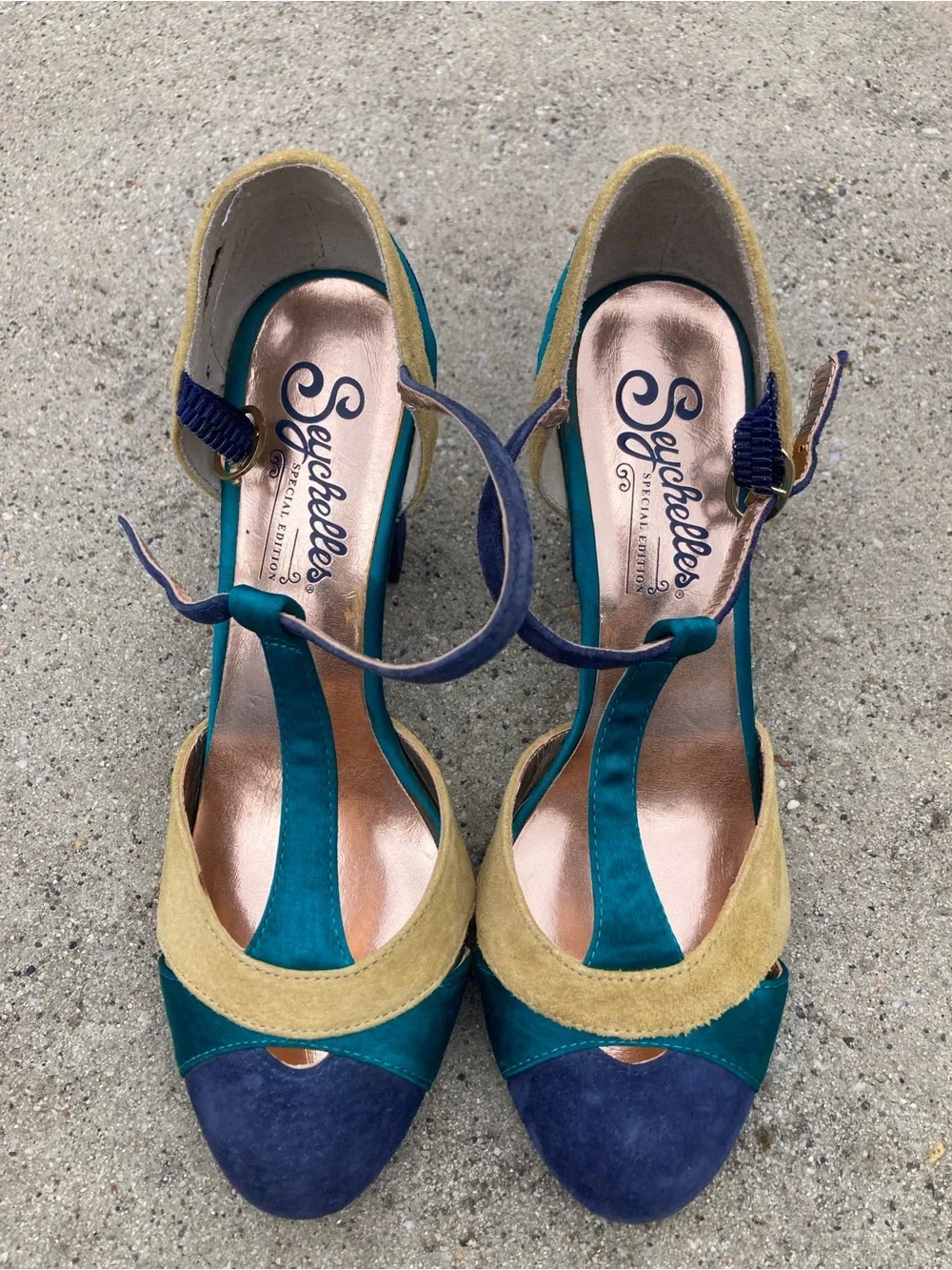Seychelles Teal, Navy & Mustard Suede T-Strap Heels